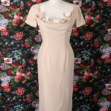 Exquisite 1950s RARE Light Beige Velvet Cocktail Dress with Drape Neckline over Satin Shelf Bust with Bows 