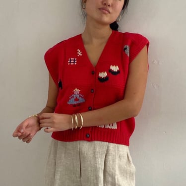 70s handknit folk sweater vest gilet / vintage red wool handknit embroidered scenic folklore novelty sleeveless button up sweater vest | M 