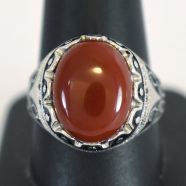 90's carnelian 925 silver enamel black tourmaline size 10.5 ring, detailed sterling gemstones modern tribal statement 