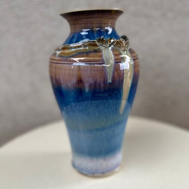 Vintage bohemian studio art pottery tall vase glaze blue green purple signed Chris Olson size 9.5” 