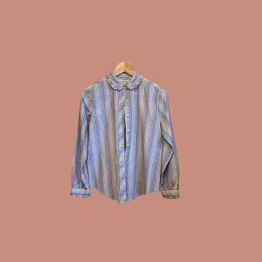 80s Striped Blouse, Vintage Ruffled Collar Blouse, Puff Sleeve Blouse, Oversized Loose Peter Pan Collar Long Sleeve Button Up Collared Shirt 