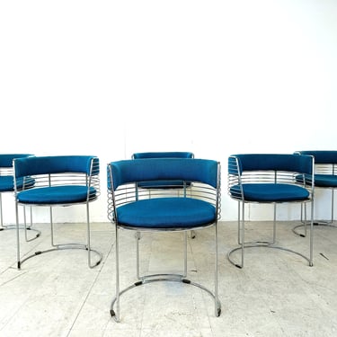 Set of 6 chrome wire and blue fabric dining chairs, 1970s - vintage space age dining chairs - vintage blue dining chairs - chromed chairs 