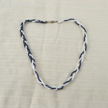DDR Vintage Glass Necklace Collier Cord 3-Strand Chain 60s 70s Mid Century Glass Beads White Blue Grey Jewelry Accessories Design 