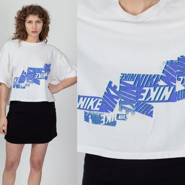 90s Nike Cropped Graphic T Shirt - Men's Large, Women's XL | Vintage White Oversized Streetwear Crop Top Tee 