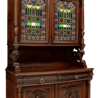 Antique Sideboard, Hunt, French Carved Oak & Stained Leaded Glass, Crest, 1800s