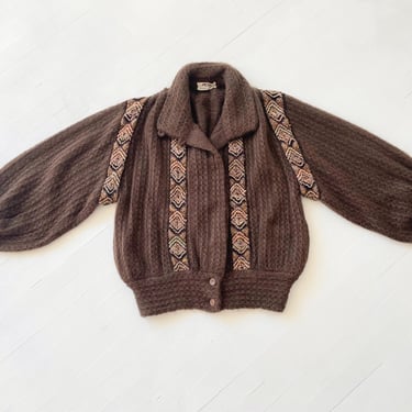 1980s Brown Mohair Wool + Mixed Media Cardigan Jacket 