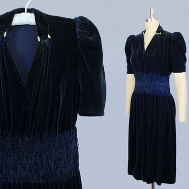 1930s Dress / 30s 40s Blue Velvet Dress / METAL RINGS / Shirred Waist / Puffed Sleeves 