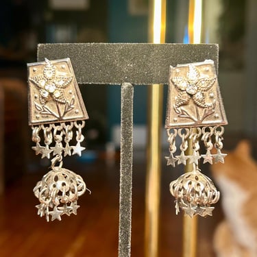 Vintage Dangle Earrings Flower Floral Stars Rhinestones Boho Silver Tone Jewelry 90s Fashion 