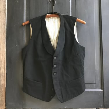 French Edwardian Black Wool Waistcoat, Silk Buttons, Striped Cotton Lined, Belted, Period Clothing 
