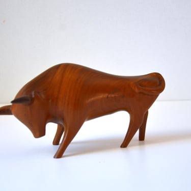 Vintage Hand Carved Teak Wooden Bull Sculpture, Mid Century, Stylized 