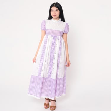 Vintage Gingham Prairie Dress 70s Eyelet Lace Cottagecore Maxi Lavender Purple Boho Puff Sleeve 1970s Bohemian Empire Hippie Extra Small xs 