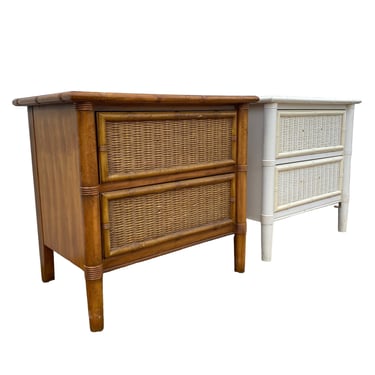 Set of 2 Vintage Nightstands by Dixie FREE SHIPPING - Faux Bamboo and Rattan Wicker Hollywood Regency Coastal Furniture 