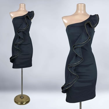 VINTAGE 90s Y2K Avant-Garde Origami Zipper Cocktail Dress by Cache Sz 4 | 1990s 2000s One Shoulder Mini Party Dress | VFG 