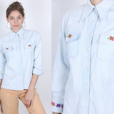 70s Embroidered Denim Shirt | Vintage Button Up Jean Top Oxford Collared Womens - XXS to XS 