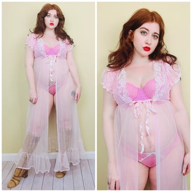 1980s Vintage Pink Nylon Empire Waist Dressing Gown / 80s Sheer Lace and Ribbon Rosette Robe . Small - Medium 