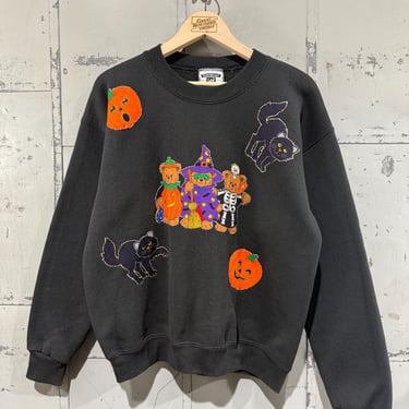 Vintage 90s Halloween Costume Crewneck Sweatshirt Fall Outdoors Autumn Cute black cat pumpkins Large Homemade 