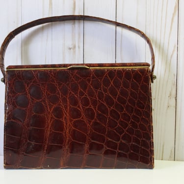 Vintage 1930's 40's France Croc Leather Brass Metal Hinge Handbag Purse Art Deco // Carson Pirie Scott & Co. France 