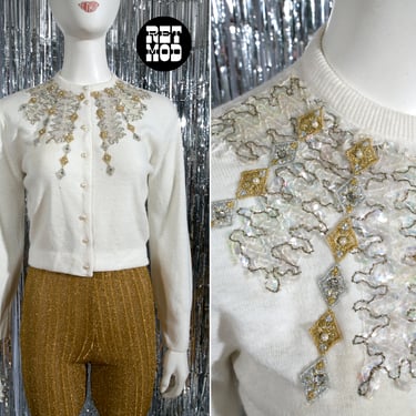 Lovely Vintage 60s White Cardigan with Gold & Silver Diamond Embroidery and Pearls, Sequins 