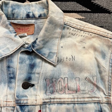 Vintage 70s Levis Trucker Jacket Punk Hand Drawn Bleached Cutoff Vest Size L 