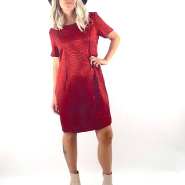 Vintage 90s Shimmery Red Snake Print Shift Dress 