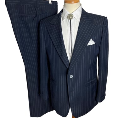 Vintage 1970s PEAKED LAPEL 2pc PINSTRIPE Suit ~ size 40 R ~ jacket / pants ~ Bootcut / Flare Leg Trousers ~ Mod ~ Western 