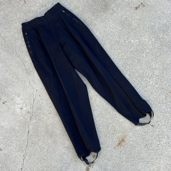 Vintage 1940s Blue Gabardine Ski Pants Straight Fit Zipper Pockets Pleated Sport