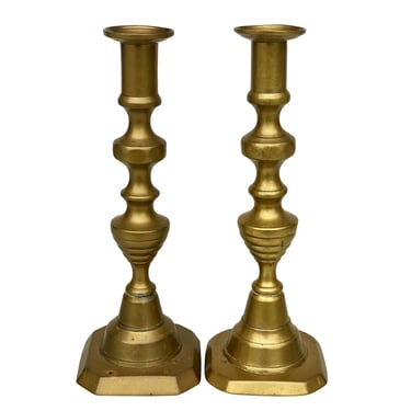 Antique Traditional Colonial Brass Candlestick Holders - A Pair