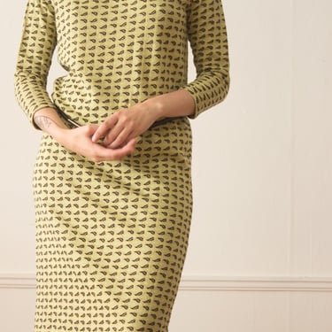 1960s Knit Bateau Collar Dress - Chartreuse Paisley 