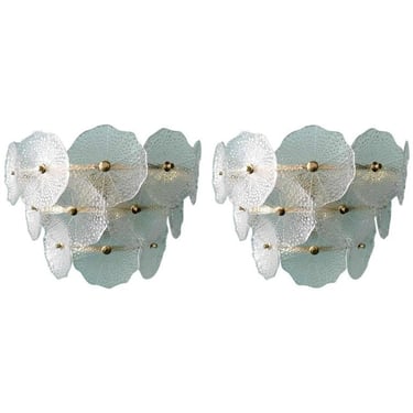 Pair of Clear Round Petal Murano Glass & Polished Brass Sconces, Italy, 1980's.