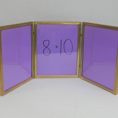 Vintage Tri-Fold Hinged Picture Frame - Triple Gold Tone Tabletop Metal Frame w/ Glass - Holds Three 8" x 10" Photos - 8x10 Frames 