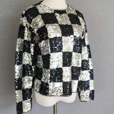 1960-70s - Check Mate - Checker - Black /Silver Sequins on Wool - Estimated size M/L 