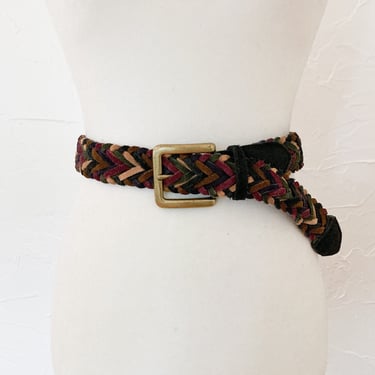 90s Dark Earth Toned Multicolored Suede Woven Braided Belt with Brass Buckle | Small 
