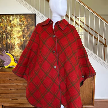 Vintage 60s Wool Plaid Red and green cape One size 