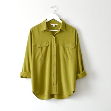 vintage silky button up shirt, chartreuse olive green blouse 
