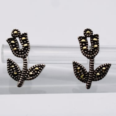 Dainty 80's Judith Jack marcasite sterling tulip collar pins, JJ 925 silver pyrite floral lapel pins 