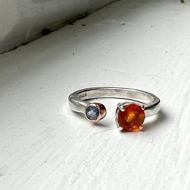 Toi Et Mio Mexican Fire Opal and Blue Diamond Two Stone Ring Sterling Silver and 14k Gold 
