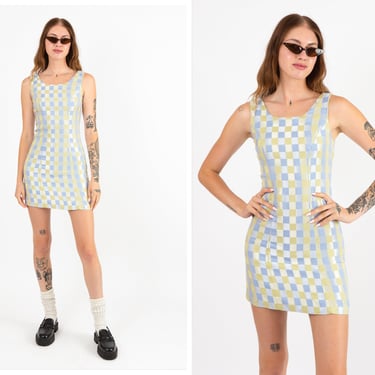 Vintage 1990s 90s Metallic Checkered Body Con Mini Dress w/ Scooped Neckline // Rachel Green 90s Girl The Craft 