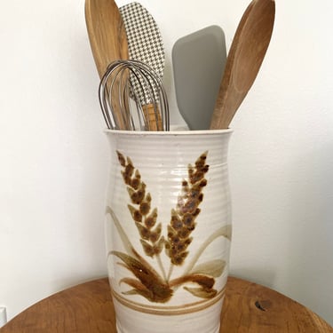 Vintage Utensil Holder Vase - Mid Century Ceramic Glazed Hand Painted Pottery - MCM Boho Style Home Decor 