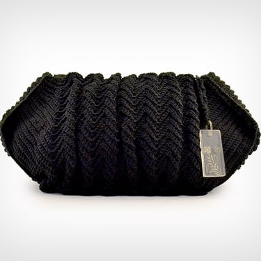 40s Purse // 1940’s Black Cordé Oversized Clutch with Lucite Pull 