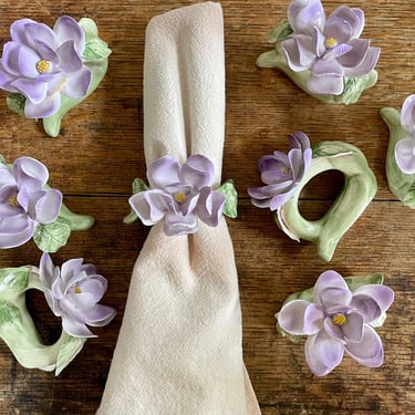 Flower Porcelain Napkin Holders Set of 8 | Purple Floral Napkin Rings | Tabletop | Dining | Spring Flowers | Mid Century Spring Table Decor 