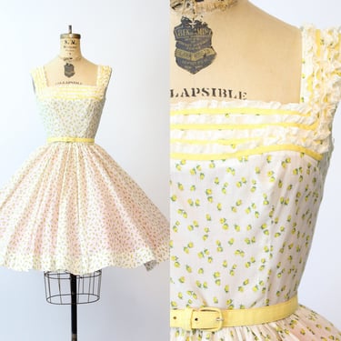 1950s YELLOW ROSE print COTTON full skirt dress xs | new spring summer 