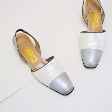80s 90s Vintage Salvator Ferragamo Shoes Sling Back Flats Heels Pearlized Cream White Grey Size 10AA  8 8 1/2 Made in Italy White Gray flats 
