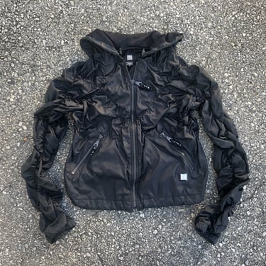 Rare vintage ‘80s ‘90s Marithe + Francoise Girbaud industrial parachute windbreaker | ruched black nylon jacket, hooded, M 