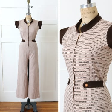 vintage 1970s jumpsuit • double knit brown & orange zip-front one piece with flared legs 