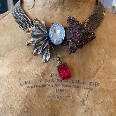1980s brass choker, vintage necklace, 80s jewelry, artisan, avant garde style, statement jewelry, rhinestone and ruby, formal 