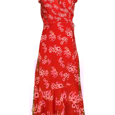 All Saints - Red & Pink Floral Flutter Cap Sleeve Wrap "Dela Jasmine" Dress Sz 0