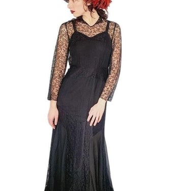 Vintage 30s Evening Dress Black Lace Long Sleeves / S 