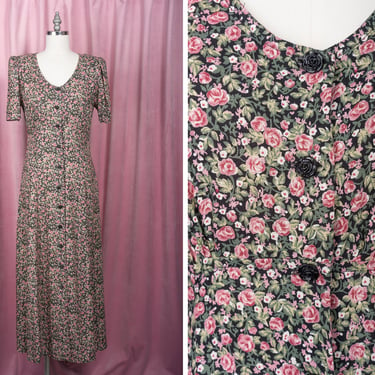 Vintage 90s All That Jazz Floral Button-Front Midi Dress with Puff Sleeves and Black Rose Buttons! 