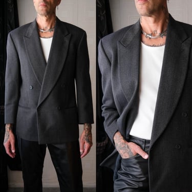 Vintage 90s GIORGIO ARMANI Navy & Gunmetal Herringbone Wool Double Breasted Blazer | Made in Italy | 1980s 1990s ARMANI Designer Mens Jacket 
