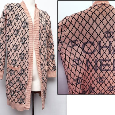 Pink CHANEL LOGO Cardigan Sweater Jacket Duster Vintage Rose Acrylic Soft Knit Designer Long Cardi 